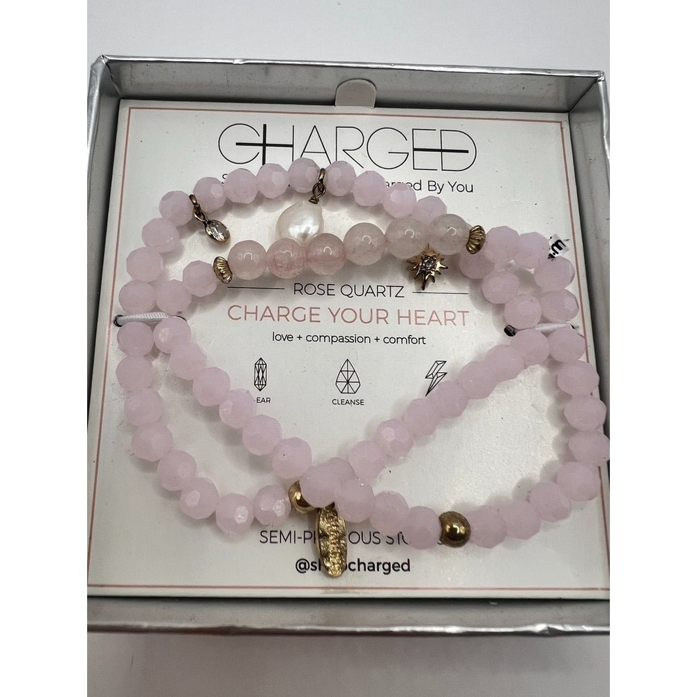 Charged Rose Quartz Stretch Bracelet Set Gold Charms Love Comfort Compassion NOS